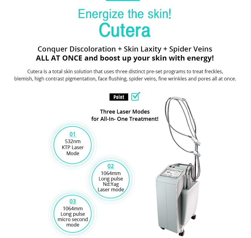 Energize the skin! Cutera
				Conquer Discoloration + Skin Laxity + Spider Veins ALL AT ONCE and boost up your skin with energy!